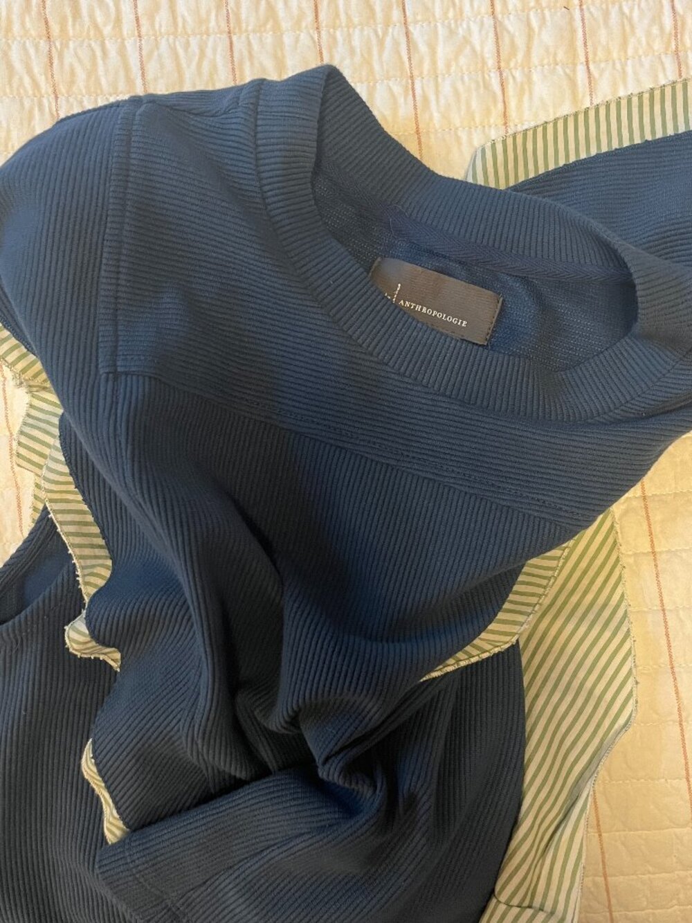 Anthropologie Mixed Media Ruffle Ribbed Striped Button Back Top Blue - Picture 5 of 5